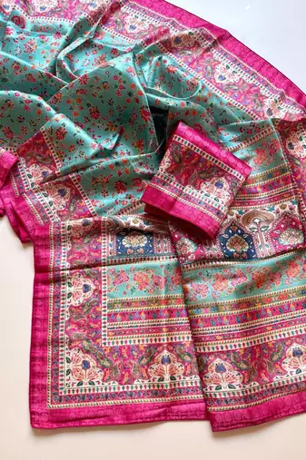 sku blue printed pasmina print with dori silk saree