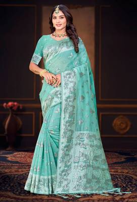green woven cotton saree with blouse 1