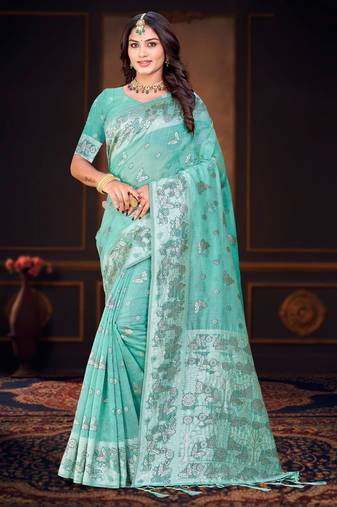 green woven cotton saree with blouse