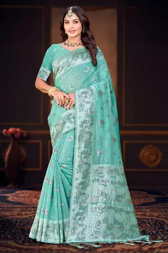 green woven cotton saree with blouse