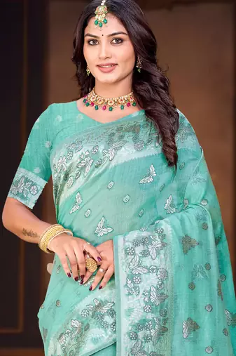 green woven cotton saree with blouse