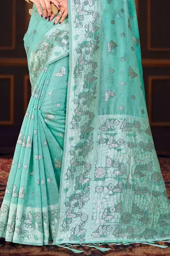 green woven cotton saree with blouse