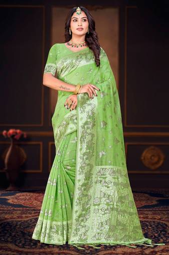 green woven cotton saree with blouse