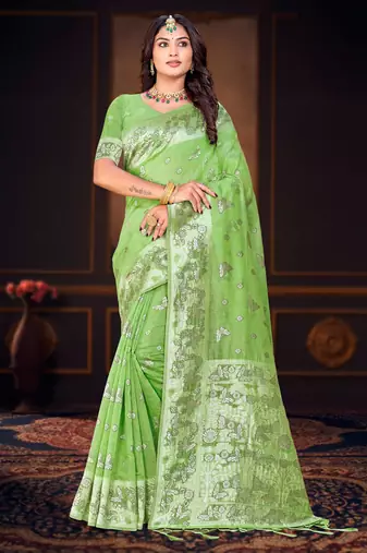 green woven cotton saree with blouse