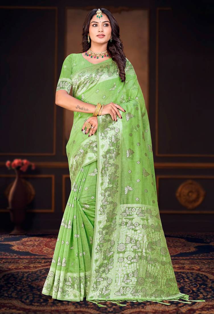 green woven cotton saree with blouse