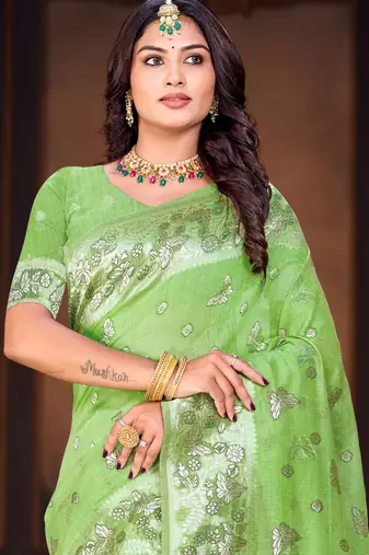 green woven cotton saree with blouse