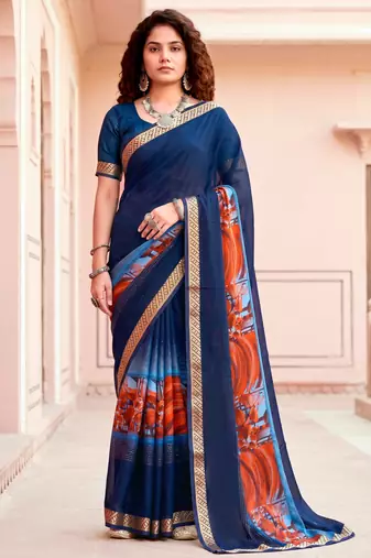 navy blue woven cotton saree with blouse