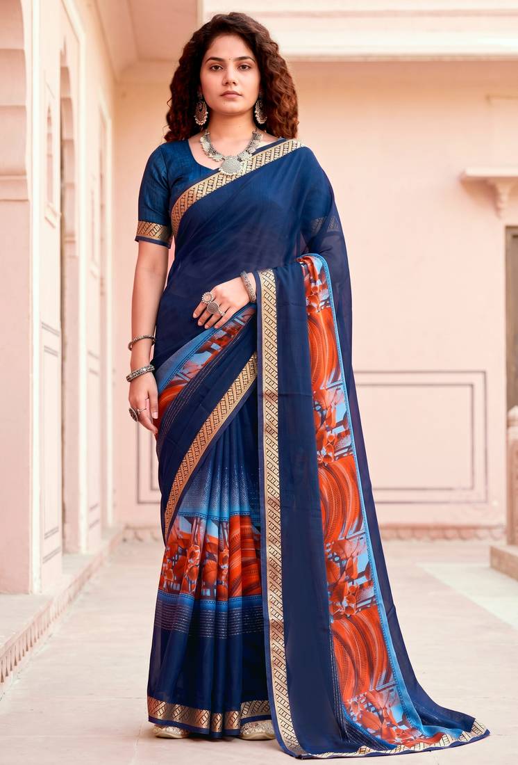 navy blue woven cotton saree with blouse