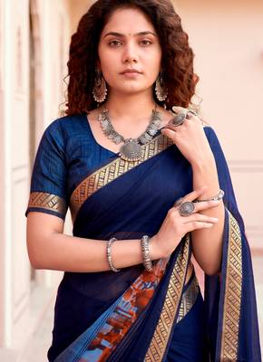 navy blue woven cotton saree with blouse 2