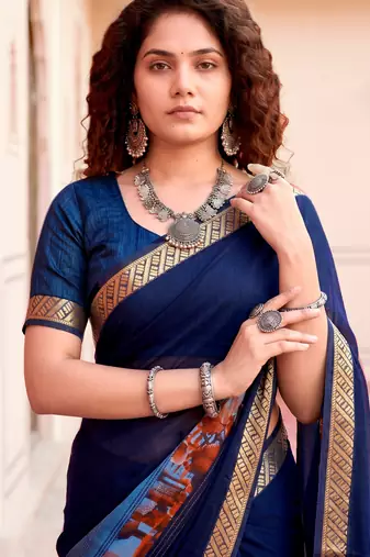 navy blue woven cotton saree with blouse