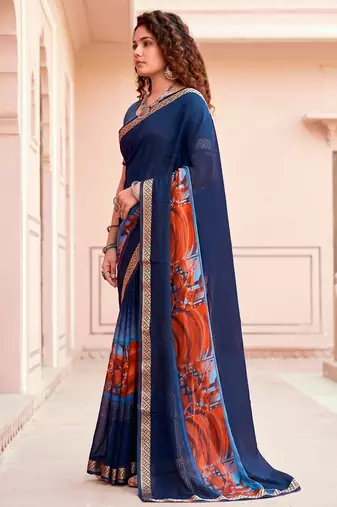 navy blue woven cotton saree with blouse