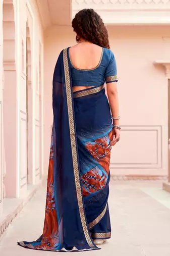 navy blue woven cotton saree with blouse