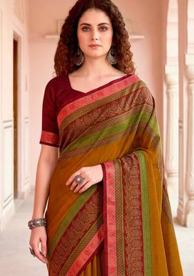mustard woven cotton saree with blouse 2