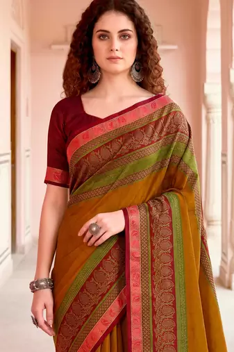 mustard woven cotton saree with blouse