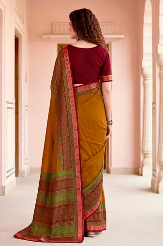 mustard woven cotton saree with blouse