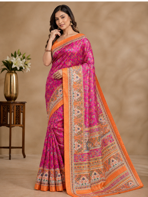 rani pink printed pasmina print with dori silk saree 1