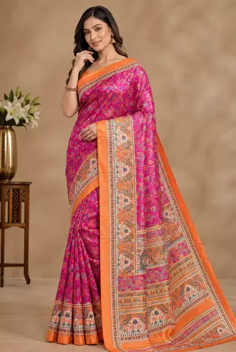 rani pink printed pasmina print with dori silk saree