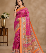 rani pink printed pasmina print with dori silk saree