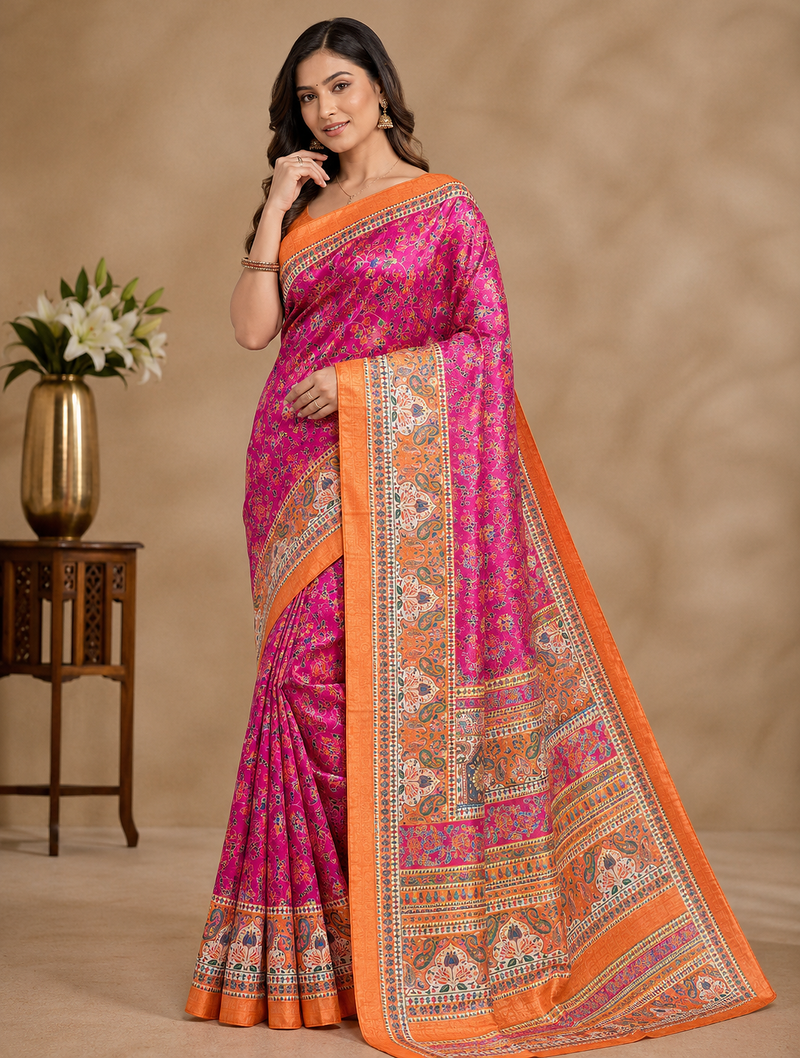 rani pink printed pasmina print with dori silk saree