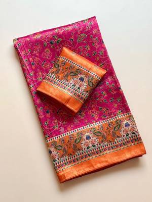 rani pink printed pasmina print with dori silk saree 2