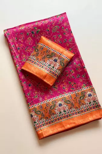 rani pink printed pasmina print with dori silk saree