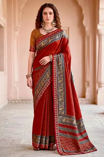 blood red woven cotton saree with blouse