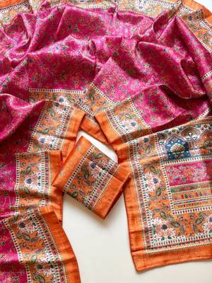 rani pink printed pasmina print with dori silk saree 3