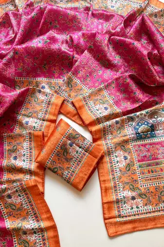 rani pink printed pasmina print with dori silk saree