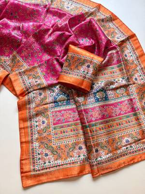 rani pink printed pasmina print with dori silk saree 4