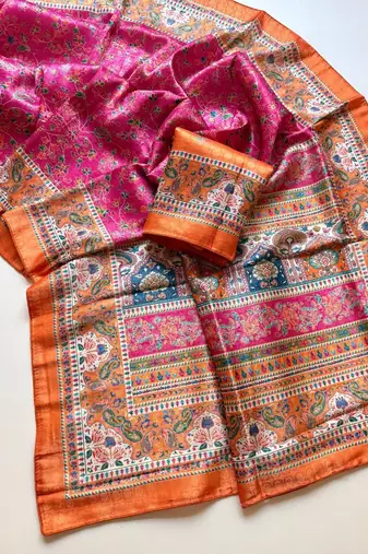 rani pink printed pasmina print with dori silk saree