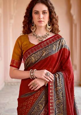 blood red woven cotton saree with blouse 2