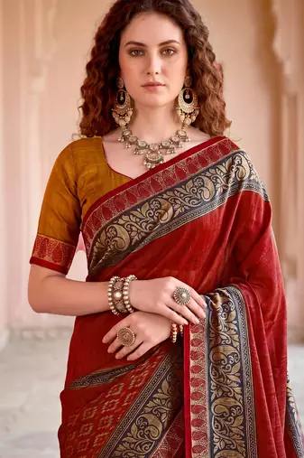 blood red woven cotton saree with blouse