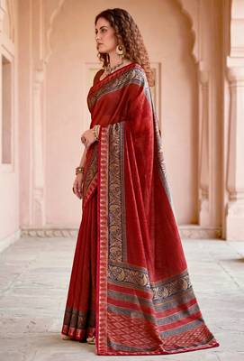 blood red woven cotton saree with blouse 3