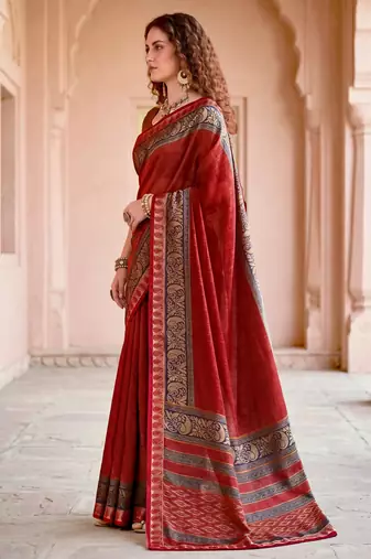 blood red woven cotton saree with blouse
