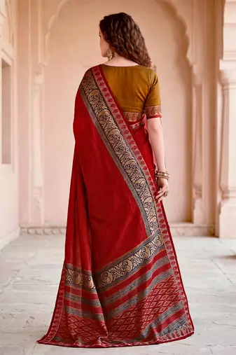 blood red woven cotton saree with blouse
