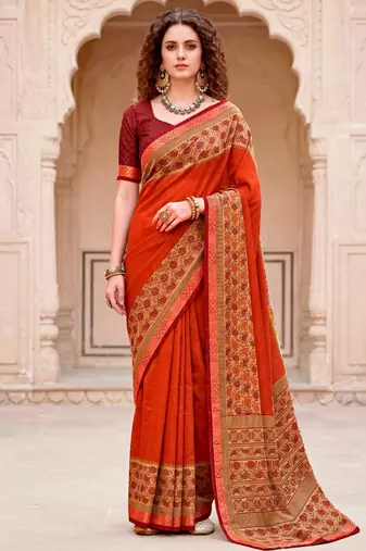 orange woven cotton saree with blouse