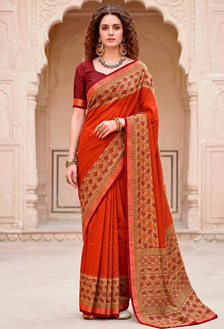 orange woven cotton saree with blouse