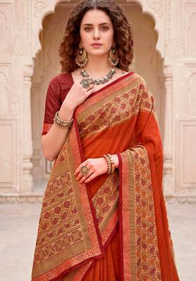 orange woven cotton saree with blouse 2