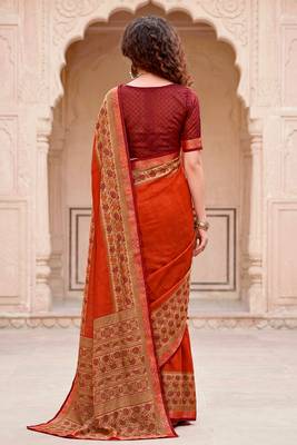 orange woven cotton saree with blouse 4