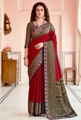 red woven cotton saree with blouse 1