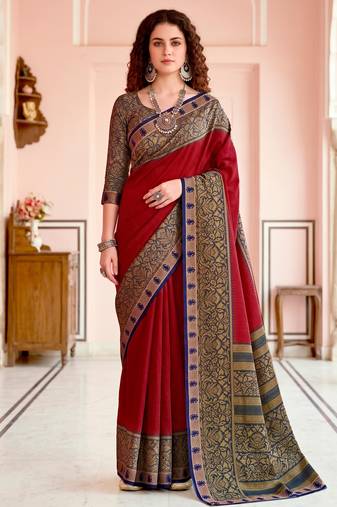 red woven cotton saree with blouse