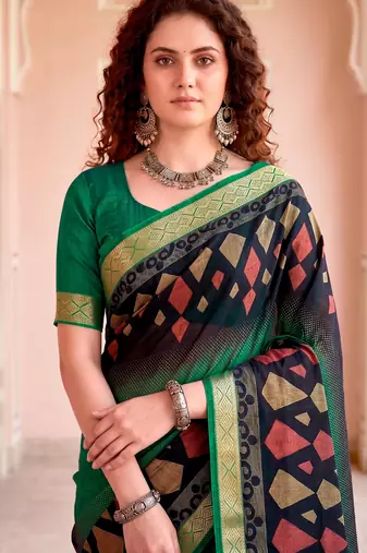 green woven cotton saree with blouse