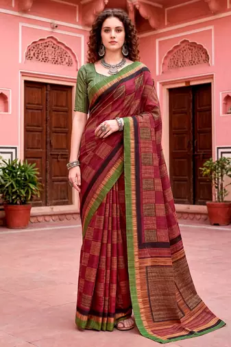 maroon woven cotton saree with blouse