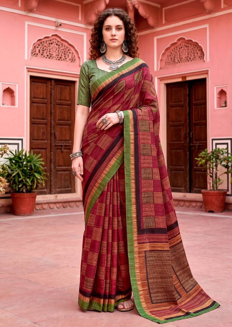 maroon woven cotton saree with blouse