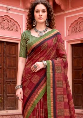 maroon woven cotton saree with blouse 2