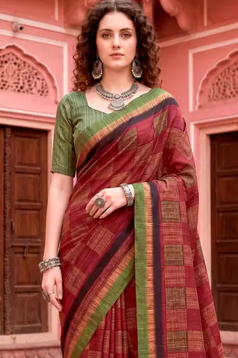 maroon woven cotton saree with blouse