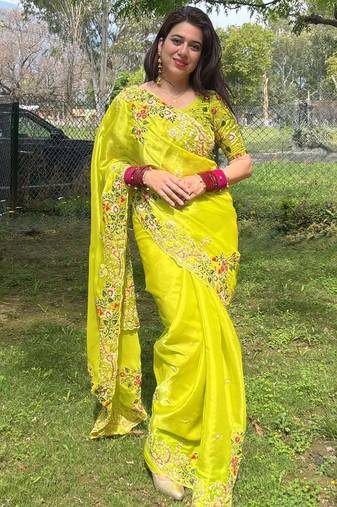 Women Lime Yellow Floral Embroidered Designer Saree