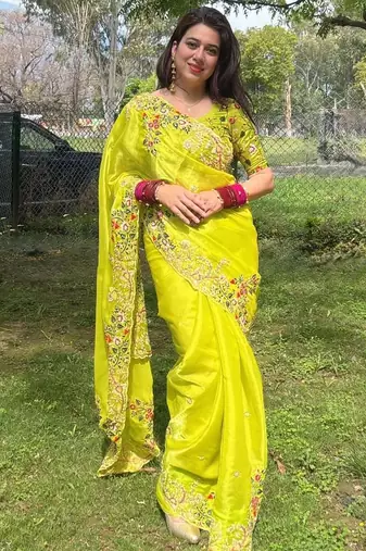 Women Lime Yellow Floral Embroidered Designer Saree