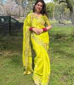 Women Lime Yellow Floral Embroidered Designer Saree
