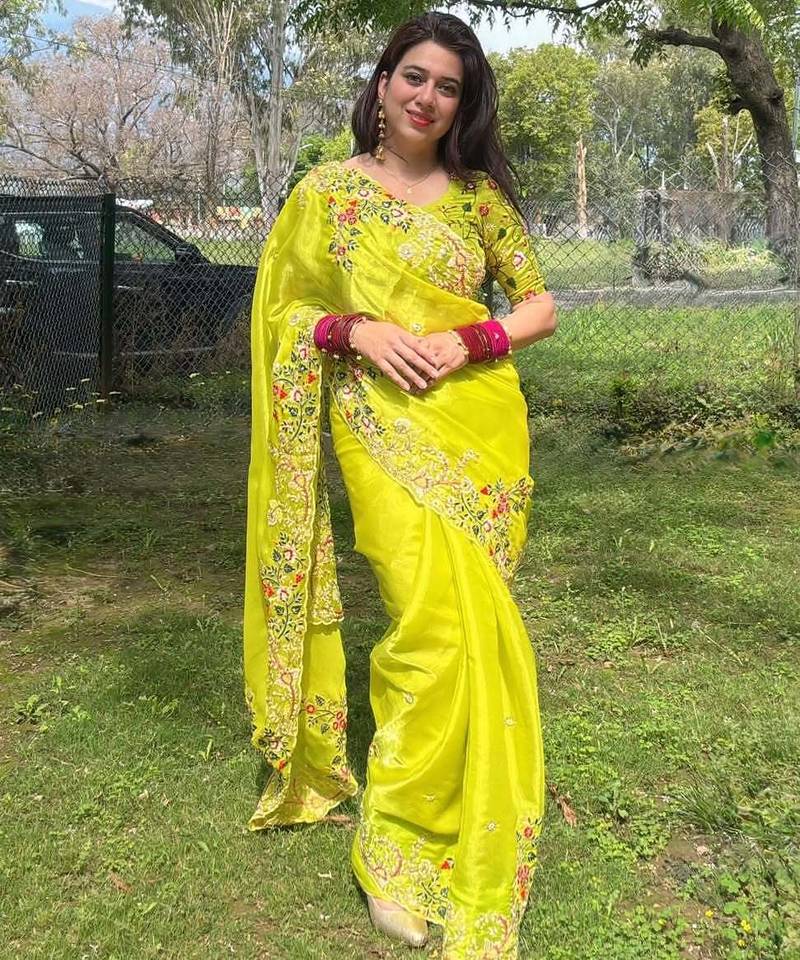 Women Lime Yellow Floral Embroidered Designer Saree